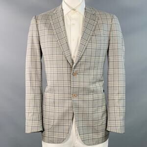 ISAIA Size 44 Long Grey Taupe Plaid Wool Notch Lapel Sport Coat